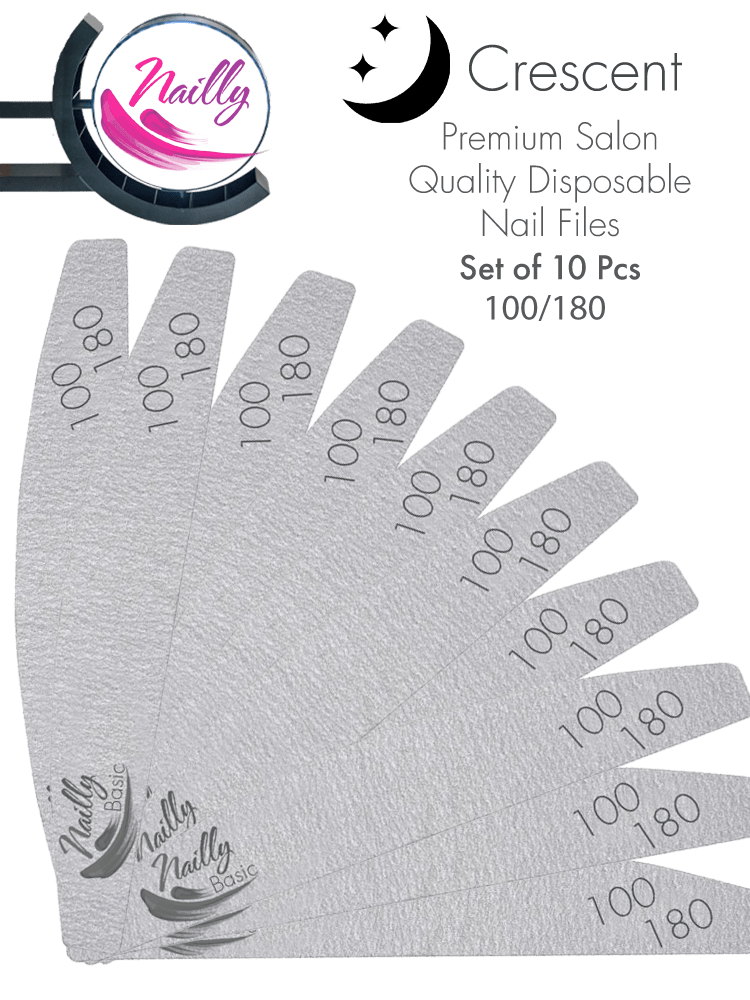 Nailly Basic Premium Salon Quality Grey Crescent Nail File 100/180 (Set of 10)