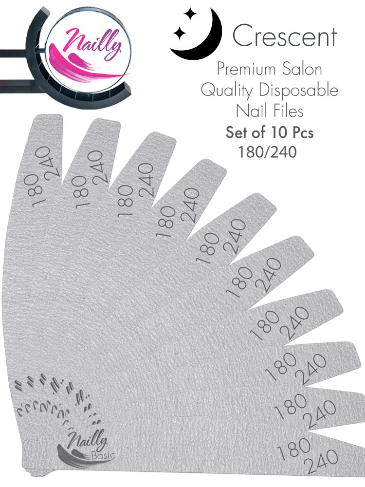 Nailly Basic Premium Salon Quality Grey Crescent Nail File 180/240 (Set of 10)