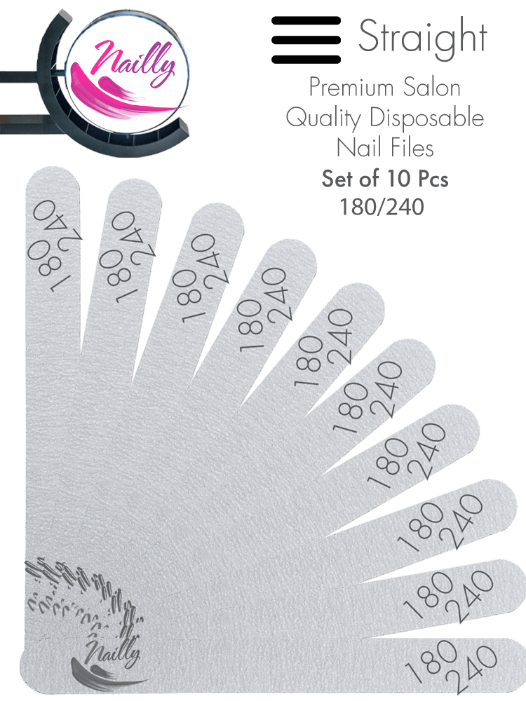 Nailly Basic Premium Salon Quality Grey Straight Nail File 180/240 (Set of 10)