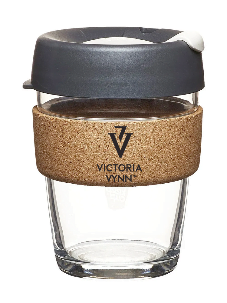 Victoria VYNN KeepCup Reusable Tempered Glass Coffee Cup | Travel Mug with Spill Proof Lid, Brew Cork Band, Lightweight, BPA Free | Medium | 12oz| Deep