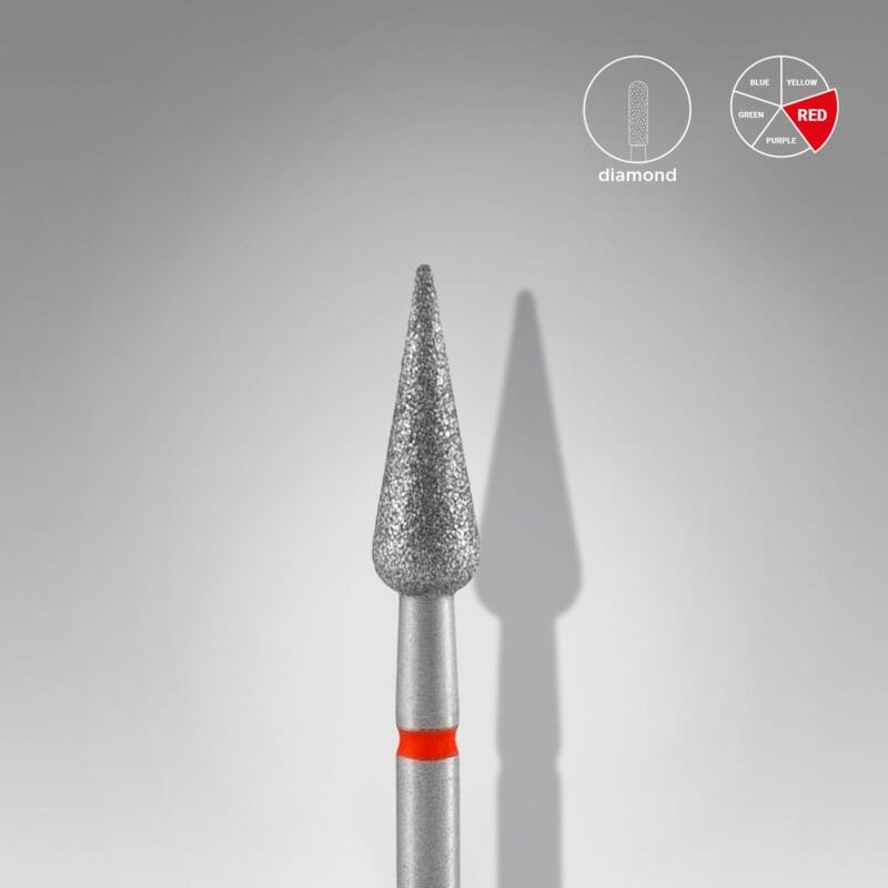 Staleks PRO Diamond nail drill bit pointed pear red EXPERT head diameter 4 mm / working part 12 mm